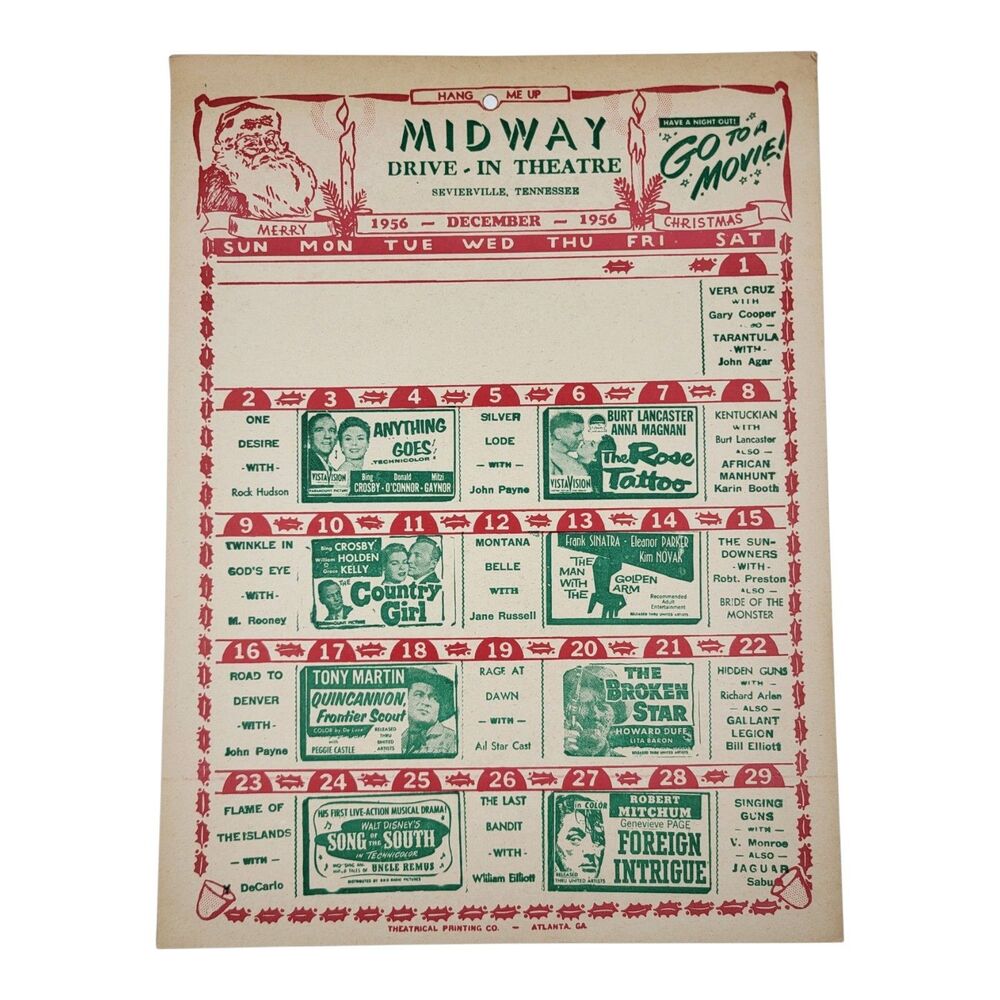 1956 Drive-In Theater Movie Calendar Poster Christmas December Original